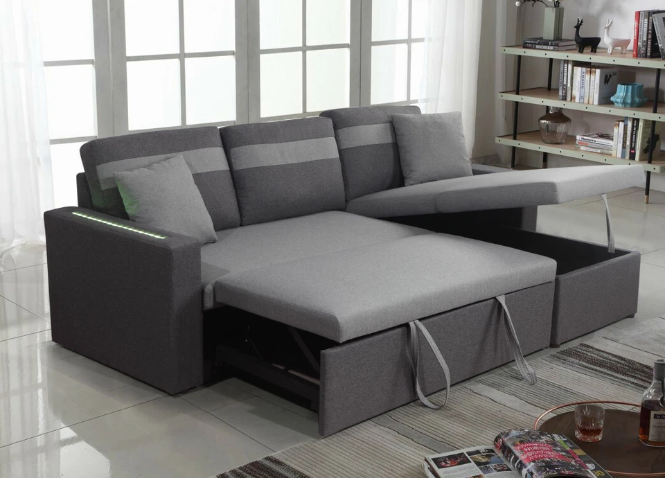 MEGA DIVANO LETTO ANGOLARE CONTENITORE LED GRIGIO BRACCIOLI MATRIMONIALE - ITA - Immagine 3 di 4
