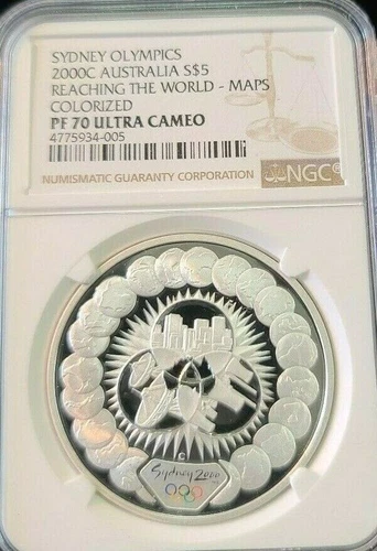 2000 AUSTRALIA S$5 REACHING THE WORLD MAPS NGC PF 70 ULTRA CAMEO PERFECTION