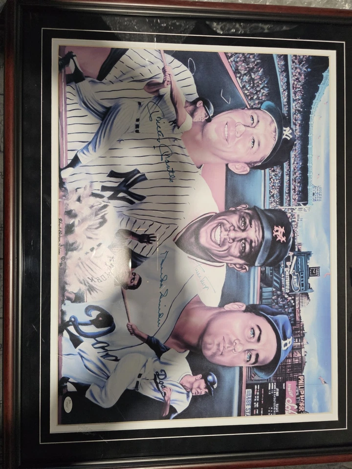 Mickie Mantle Willie Mays  Duke Snider Autographed Custom Art Frame  Print Jsa - Image 2 of 4