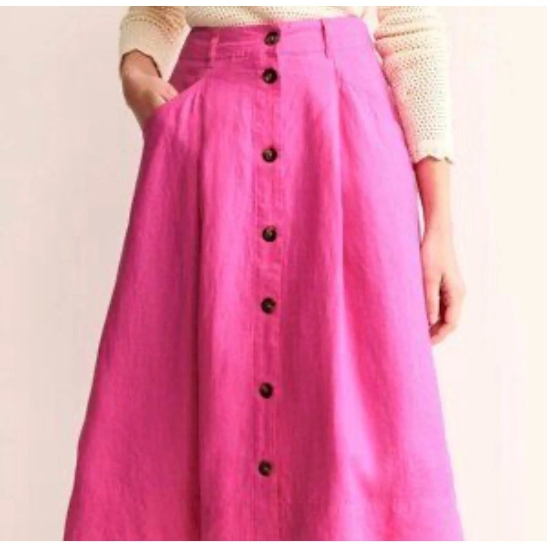 Boden Pink 100% Linen Button Front Midi Skirt with Pockets Womens 4P R0533