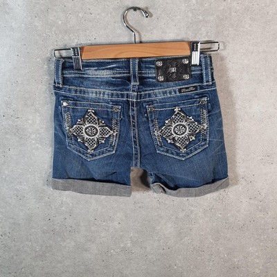 Vintage Miss Me Baggy Y2K Hip Hop Jeans Shorts Jorts Womens W24 Blue Denim Low