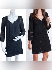 Madewell Signal Black Peasant Long Sleeve Shift Dress Bronze Embroidery Size XS