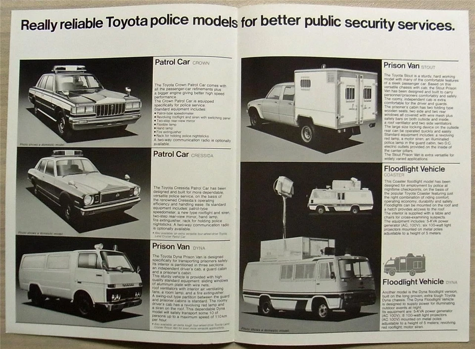 Folleto de venta de furgoneta de prisión de coche Toyota modelos policiales c1970 #88095/5.000 Foto 2 de 3