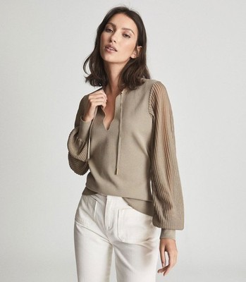REISS Damen Sloane halbtransparentes Langarmshirt hellgrün Größe M