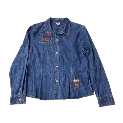 Christopher & Banks Denim Shirt XL Women Blue Cottage Core  Coffee Embroidered
