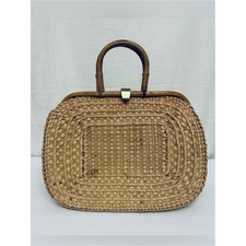 Vintage Circa 1960's Large Woven Straw Bamboo Top-Handle Bag in Natural