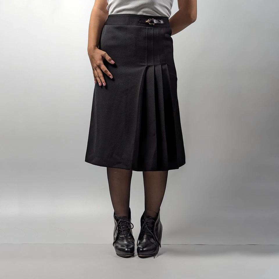 CELINE винтажный 80-х плиссированные золотой пряжки черный шерсти Midi колена юбка FR36/S/US4-6 - Изображение 2 из 4