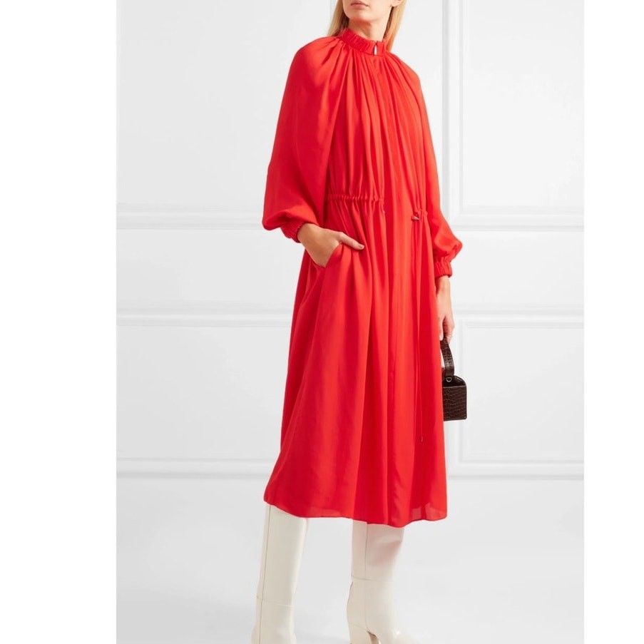 TIBI Red Gathered Adjustable Wasit crepe midi dress Red Medium