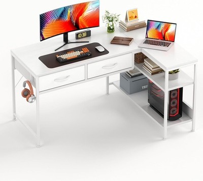 L-förmiger Computertisch 100 cm Eckbüro 2 Schubladen 2 Ablagen wendbar weiß
