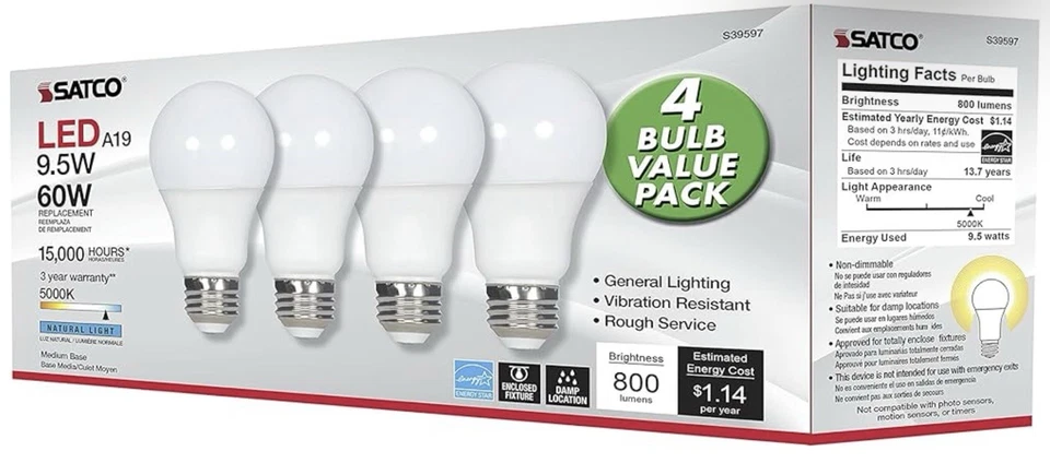 SATCO LED Light Bulbs - A19/9.5W 5000K Natural Light 800 Lumens (4-pack) S39597 - Image 2 of 4