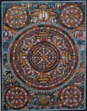 Vintage Hand Painted Tibetan Buddhist Mandala Thangka Framed 16 x 19” VF+