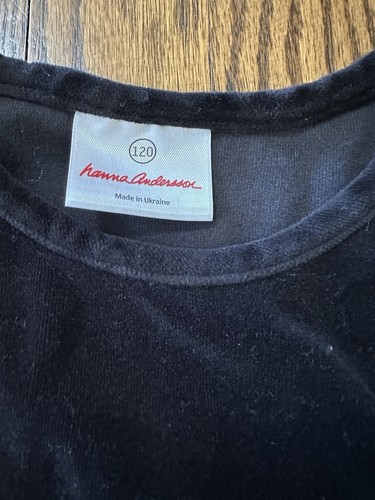 Hanna Andersson Girls Black Velour Dress Sz 120 (6-7) Gold Trim Flutter Sleeves - Picture 2 of 7