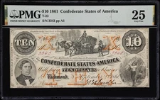 T-23. Confederate Currency. 1861 $10. PMG Very Fine 25.