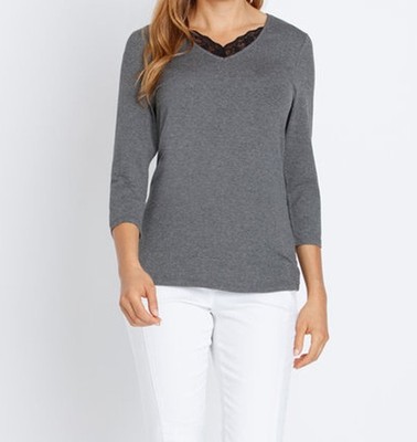 Shirt grau 34 Damen 3/4-Arm-Shirt mit Spitze am Ausschnitt UVP: 59,99  9.8208