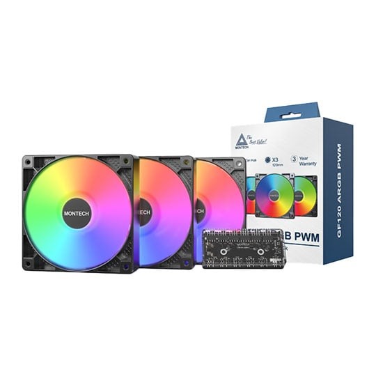 120mm Montech GF120 ARGB PWM 3 pack fans, Black, 9 Blade, 800-1600rpm, 66.3CFM,