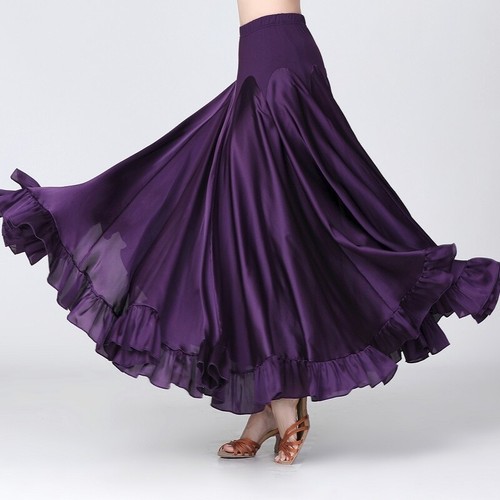 Lady Satin Ballroom Skirt Modern Dance Dancewear Ruffle Waltz Tango Swing Skirts - Picture 10 of 16