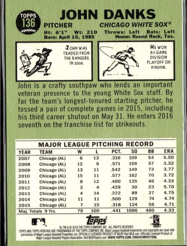 2016 Topps Heritage John Danks Chicago White Sox #136 3 Card Lot - Picture 2 of 2