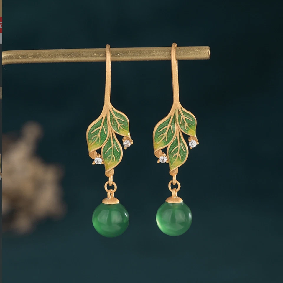 Green Jade Drop Dangle Earrings Boho Gemstone Leaf Design Hook 18K Gold Plated - Image 3 of 4