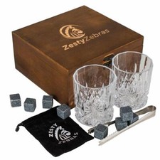 Whiskey Stones Gift Set - 8 Granite Stones - Two Large 11 oz Glasses / Wood Box