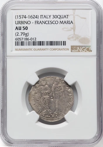 ITALY URBINO 1574-1624 FRANCESCO MARIA II  30 QUATTRINI COIN, NGC CERTIFIED AU50