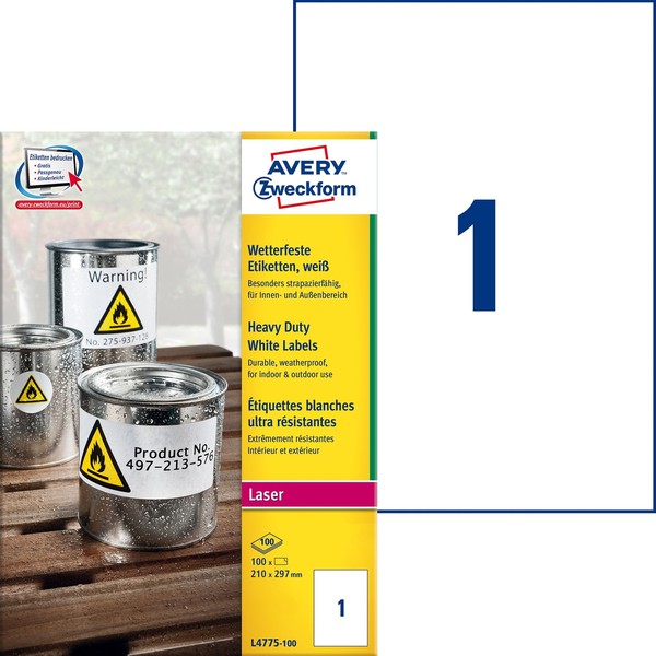 Avery Zweckform® L4775-100 L4775-100 Folienetiketten 210 X 297 Mm Weiß 100 Etike-image