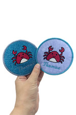 Custom Glittered and Felted Iron-on Baby Crab Name Tag Patch