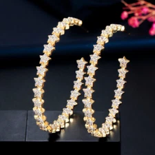 Yellow Gold Plated CZ Zircon Stars Tennis Shaped Hoop Earrings for Lover Costume