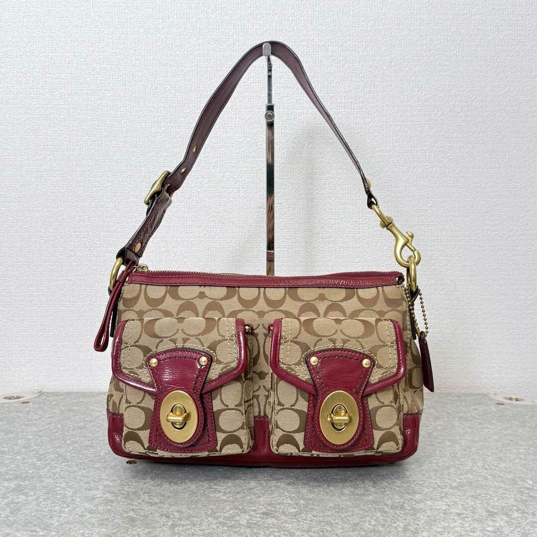 COACH Signature Legacy Turnlock Shoulder Bag Bordeaux Beige