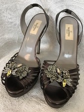 Valentino Shoe Pewter Metallic Leather Rhinestone Bee And Flower Size 38