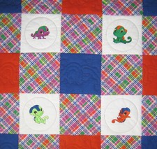 Embroidered CHAMELEON BABY BLANKET Quilted Soft Flannel Fabric Animal Quilt