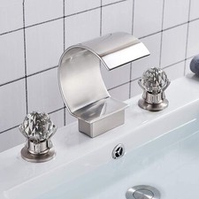 Widespread Brushed Waterfall Bathroom Sink Faucet 3 Hole Basin Vanity Mixer Tap