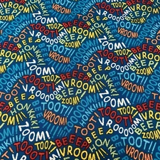 OOP Dear Stella Words On Blue Fabric Vroom Beep Toot Honk White Red Yellow 1+Yds