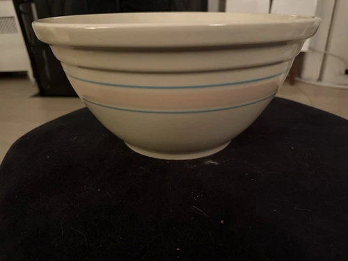 McCoy Ceramic Large 12” Blue Pink Stripe Serving Bowl Pasta Dish Oven Proof 1970