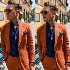 Orange Linen Men's Suits 2 Pieces Wedding Groom Tuxedos Formal Business Slim Fit