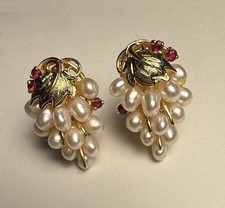 Vintage Antique 14k Gold Pearl Grape Cluster Earrings with Ruby Stones
