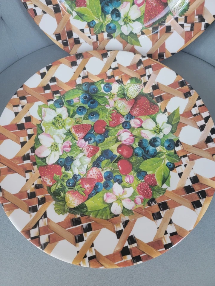 "Juego de 3 platos cargador/servir MacKenzie-Childs Berries & Blossoms melamina 12""" Foto 2 de 4