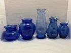 5 PC Lot Vintage Cobalt Blue Vase Lot Anchor Hocking Libbey Indiana Glass MCM