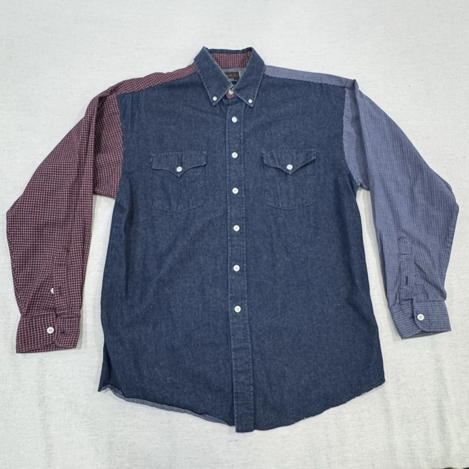 Camisa masculina grande vintage anos 80 Panhandle slim denim bloco de cores botão feita nos EUA - Imagem 2 de 4