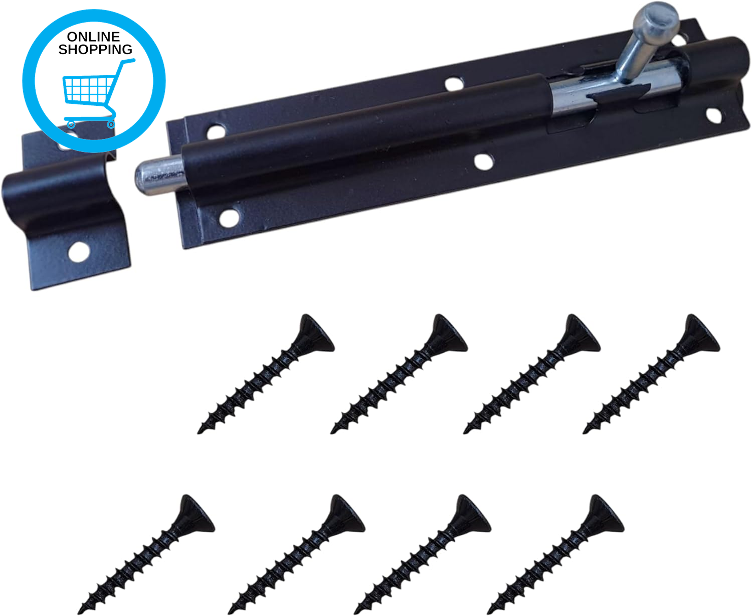 6” (150Mm) Black Straight  Bolt with Fixing Screws | Shed, Gate, Door Lock Slide