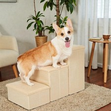 Ottoman Pet Stairs Adjustable Puppy Steps Storage Boxes Small Medium Dog Beige