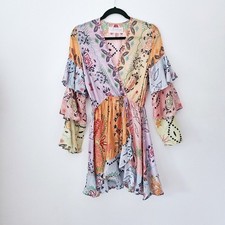 Sundress Colourful Boho Festival Beach Summer Mini Dress Flared Sleeves Size S