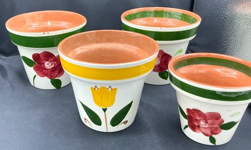 4 Vintage Stangl Pottery Flower Pot Hands Painted 3-5" & 1-4" Hand Painted