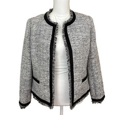 Calvin Klein Womens Jacket Sz 10 Black White Plaid Tweed Frayed Edge Open Blazer