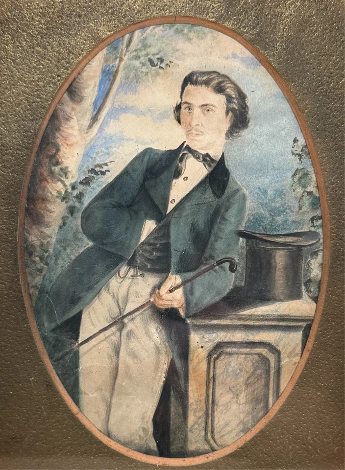 Antigua miniatura retrato pintura siglo XIX joven sombrero bastón francés alemán Foto 2 de 4