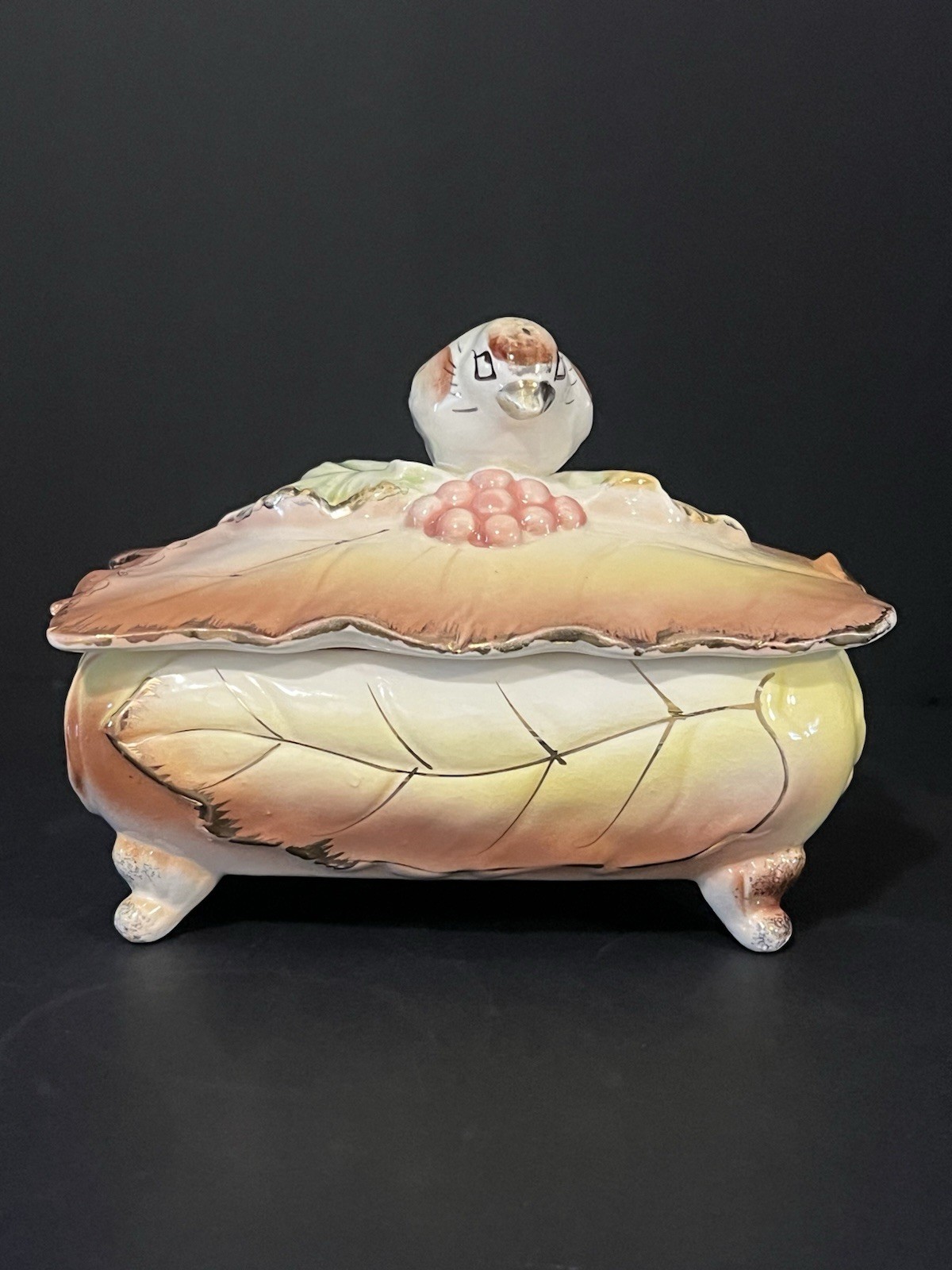 Vintage Lipper & Mann Bird Trinket Box; Footed, Gold Trim; Japan