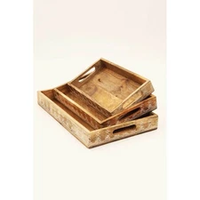 3 Piece Rectangle Wooden Trays (Nested) / Natural Finish - Mango Wood / Set