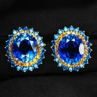 925 Sterling Silver 24K Gold Halo Earrings Brilliant Vivid Blue Sapphire 17.55Ct