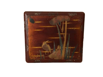 Old Japanese Hand Painted Bird on Pond w Plants Lacquer on Wood Box - Image 1 of 4