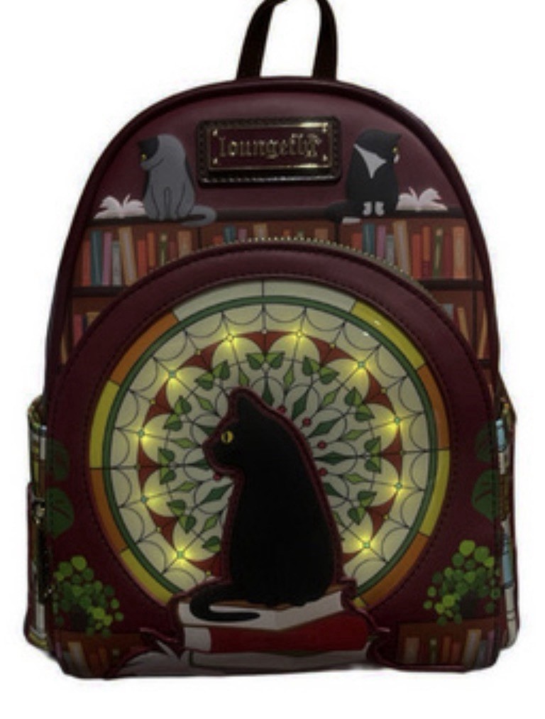 Loungefly Burgundy Cat Library Stained-Glass Mini Backpack with Light Up new Black Cat Library Loungefly Mini Backpack Books-A-Million  main image 4