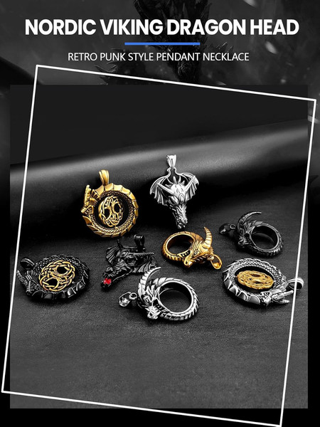 Alternate view of Dragon Necklace 18k Gold Plated/black Metal/stainless Norse Tree Life